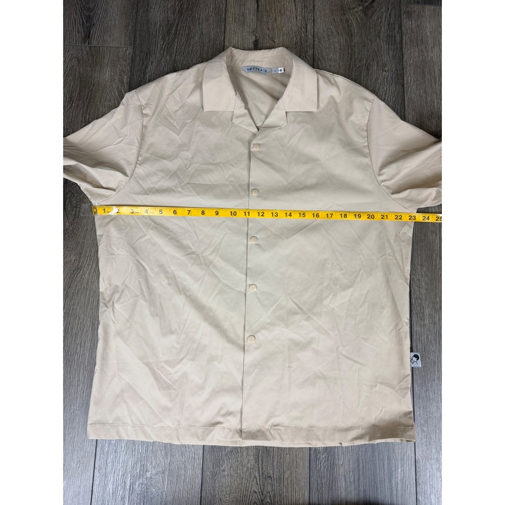 HEYTEA Camp Collar Snap Front Short Sleeve Shirt Tan Large Streetwear Minimalist - Picture 8 of 12